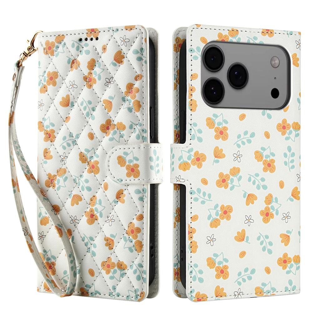 Für iPhone 17 Pro Max Brieftaschenhülle Rautenmuster Blumendesign Leder Klapphandyhülle mit Riemen