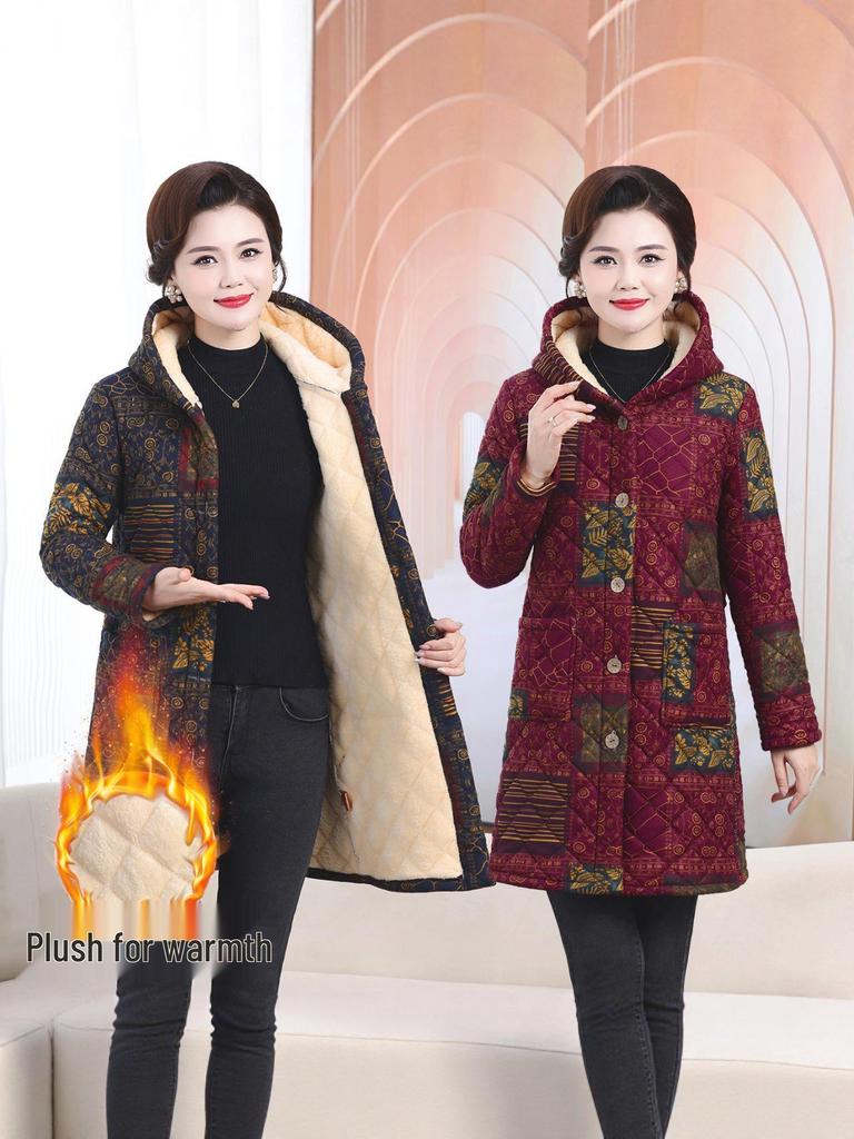 Mid-Aged & Elderly Women's Hooded Fleece-Lined Winter Coat, Warm Mid-Length Jacket, Fashionable New Style.