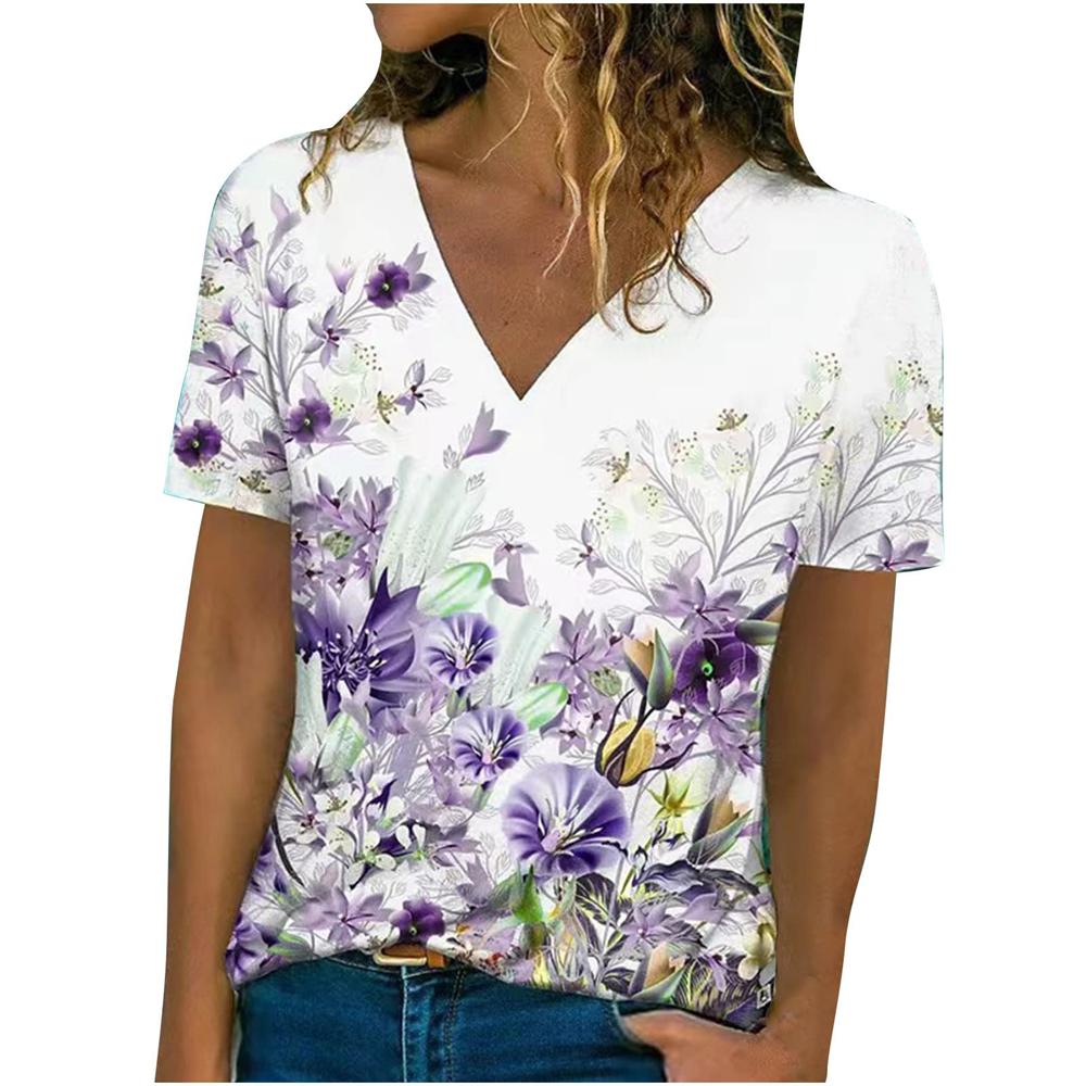 Summer V-neck 3D Floral Simple Graphic Printed Top Fashionable Casual Short Sleeved Women's T-shirts