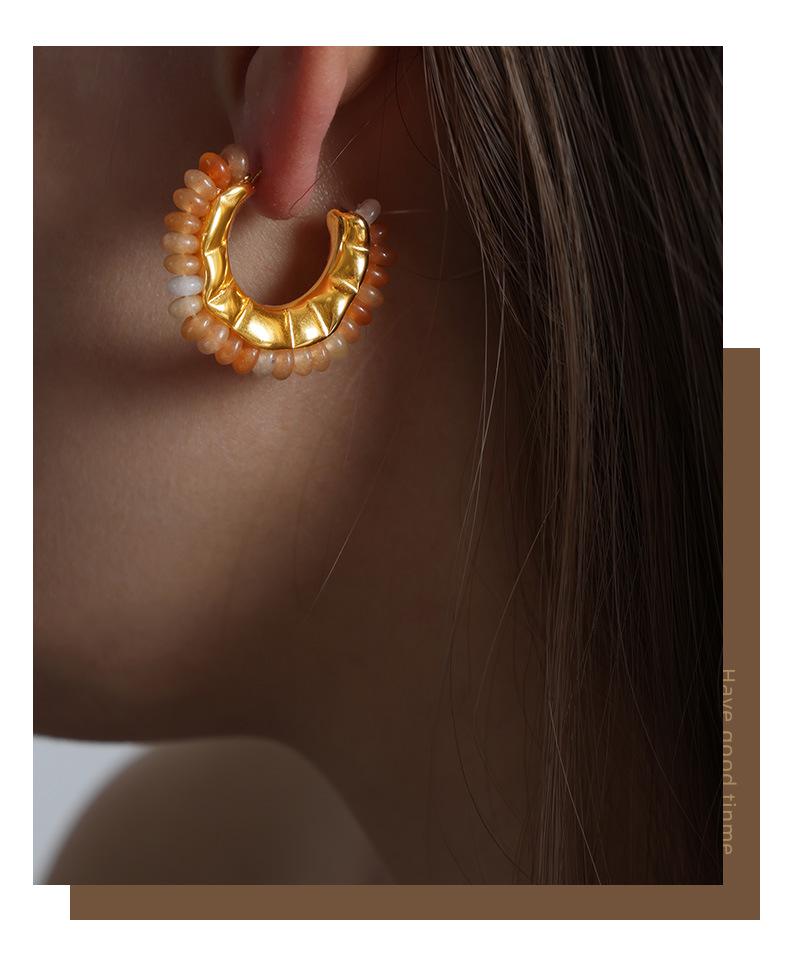 Gold-Plated C-Shaped Earrings with Multi-Color Natural Stone Inlay