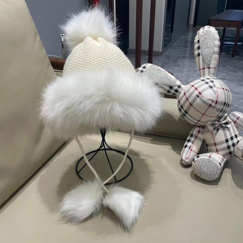 Damen Rote Bommel Strick Lei Feng Mütze - Warmer Samt, Modische Ohrenschutz Skimütze für Weihnachten & Neujahr.