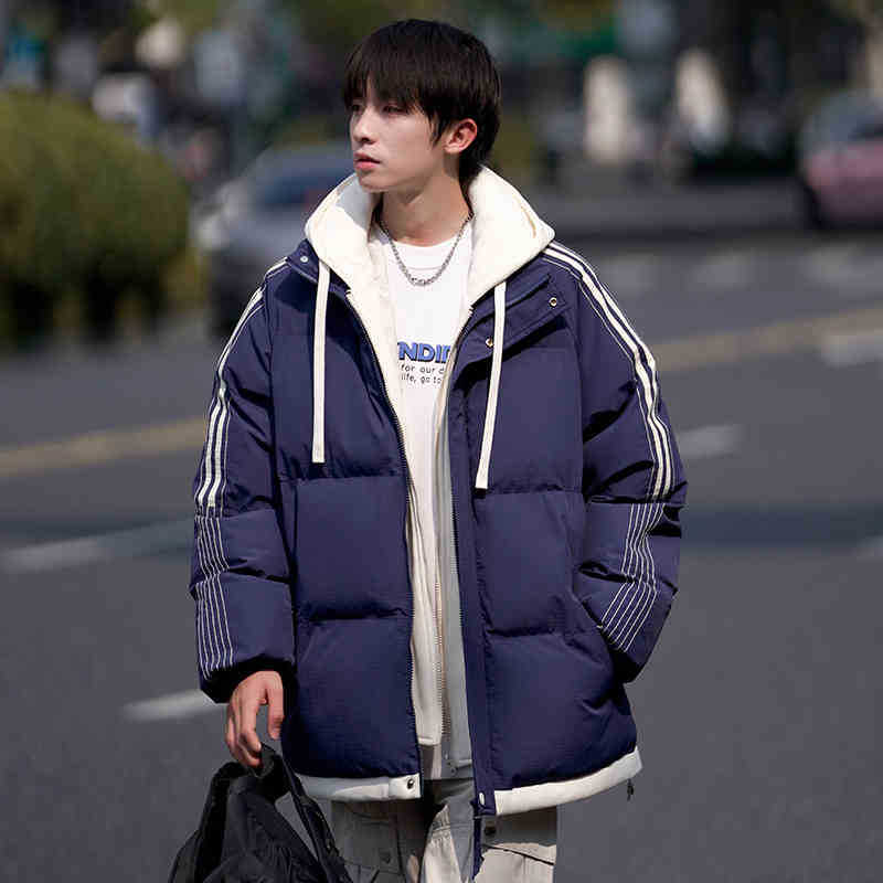 American Hooded Stripe Fake Two Piece Cotton Jacket Men's Jacket Fall Winter 2025 Thickened Warm and Coldproof Padded Jacket
