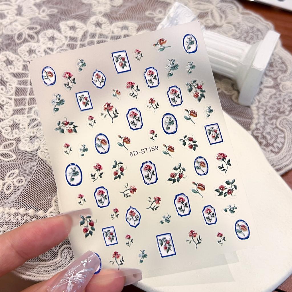 Hot-selling retro wind rose nail art sticker 5d flower relief sticker 3D three-dimensional nail sticker without curling edge
