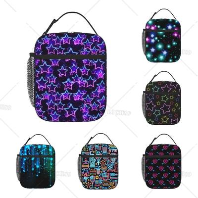 Lila und Blaue Schwebende Neonsterne Tragbare Lunchtasche Isolierte Lunchbox Wiederverwendbare Tragetaschen für Frauen Männer Arbeit Picknick Camping