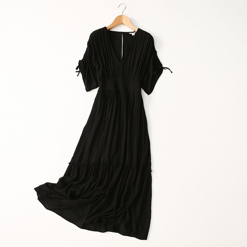 Foreign Trade Original Order Tight Waist Slimming V-Neckline Classy Noil Poplin Dress Summer Thin Ruched Long Dress Plus Size Women's Clothing