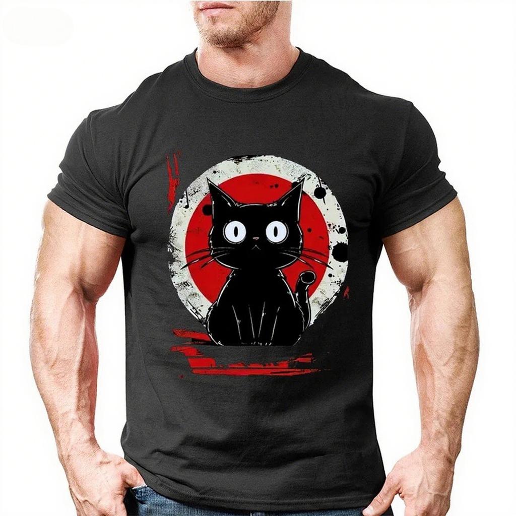 Summer Round Neck 3D Japanese Black Anime Cat Pattern Print Top Fashionable Casual Short Sleeved Men's T-shirts