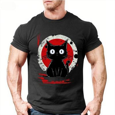 Summer Round Neck 3D Japanese Black Anime Cat Pattern Print Top Fashionable Casual Short Sleeved Men's T-shirts