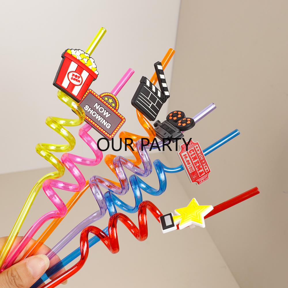 

6Pcs Cinema Festival Theme PET Reusable Spial Drinking Straws for Movie Night Birthday Retirement Party Decoration