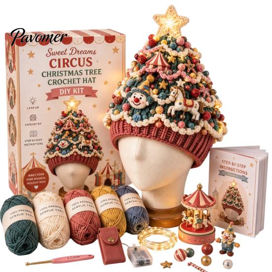 Parent Child Interaction Craft Christmas Tree Crochet Hat DIY Kit, Beginner-Friendly Light-Up Handmade Gift for Friends Complete Kit with Yarn, Tools,