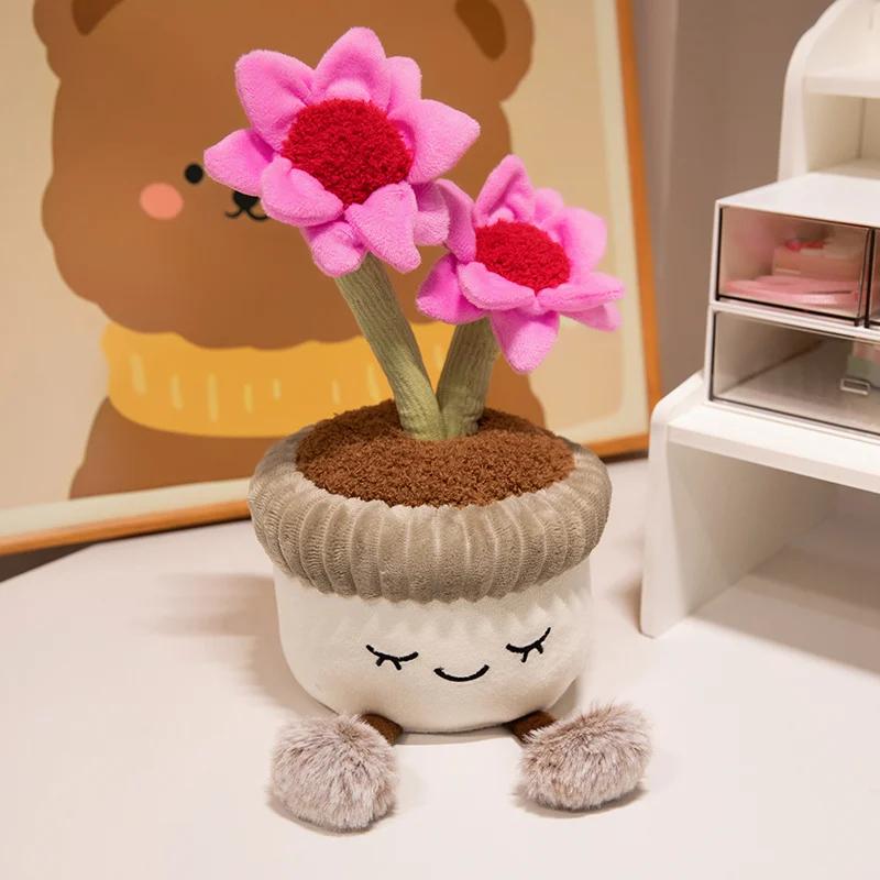 Kawaii Stuffed Plush Plants Lifelike Potted Plant Plush Doll Calla Lily Cactus Little Pink Flower Sunflower Pillow Toy Decor