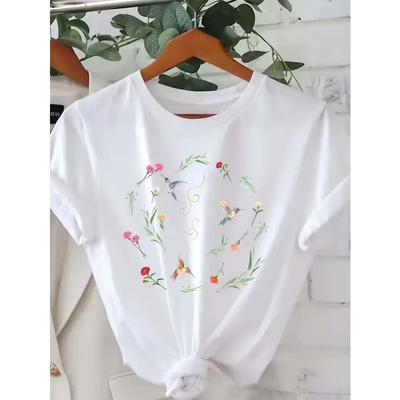 Womens White Black Floral Bird Print Tee Colorful Blossoms Greenery Design Soft Round Neck Short Sleeve Breathable