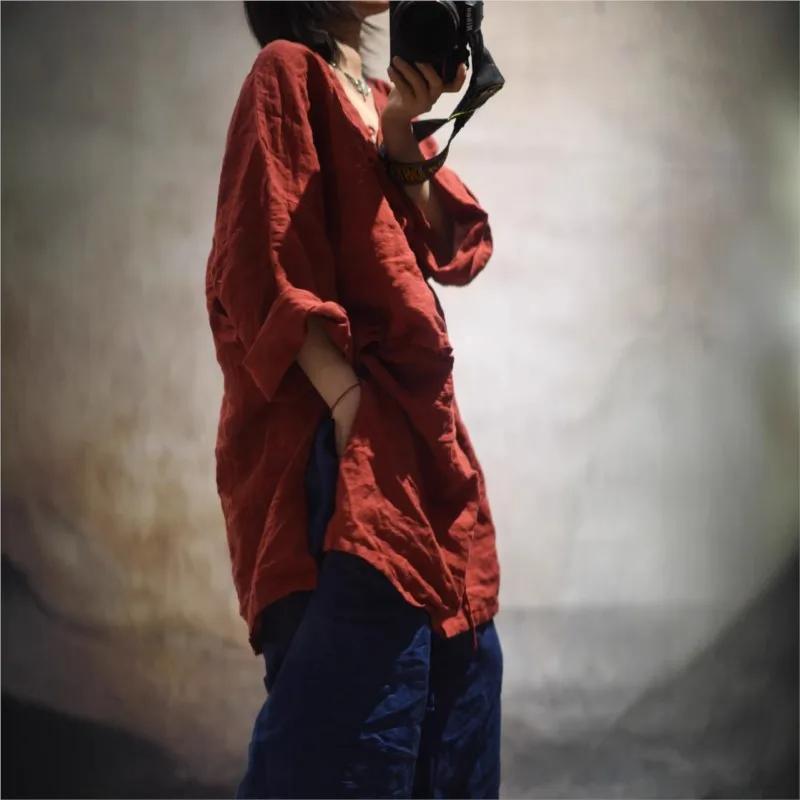 Johnature Women Vintage Shirts V-Neck Long Sleeve Tops Solid Color Spring Button Chinese Style Women Long Shirts