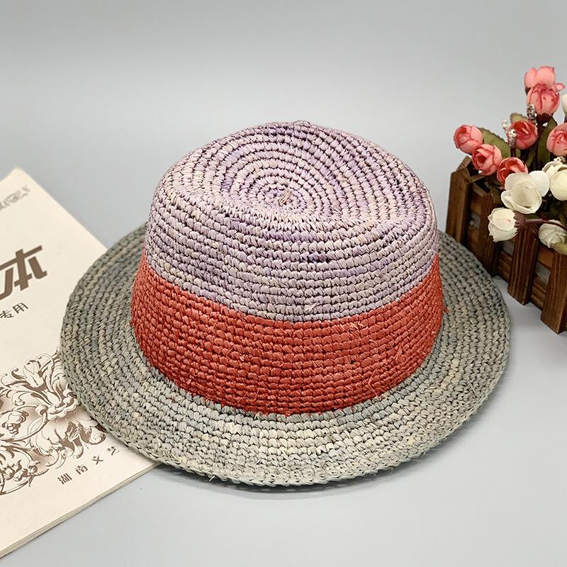 Natural Raffia Crochet Straw Hat Color Matching Hat Casual Striped Ruili Wind Short Brim Top Hat Seamless