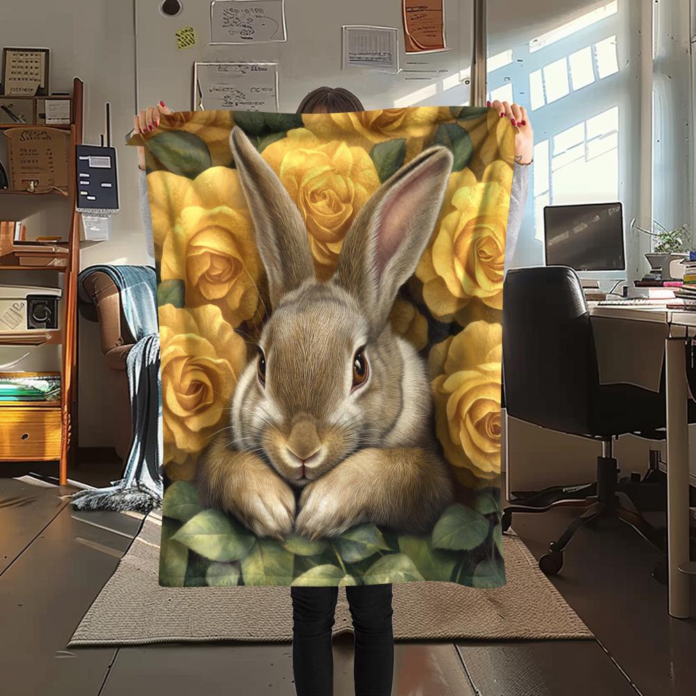 Rabbit and Flowers pattern Flannel Blanket, High quality Comfortable for All Seasons, Home Decor, Warmth and Comfort, Perfect for Gifts.