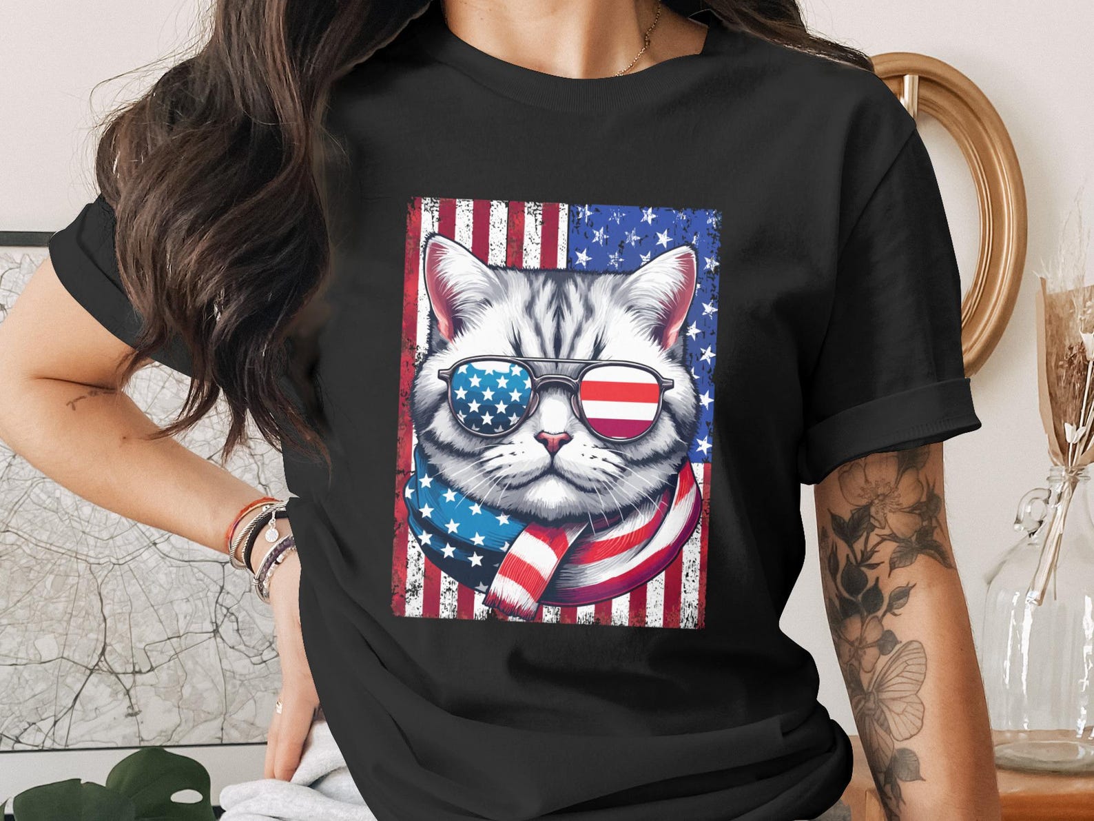 Patriotic Cat T-Shirt, American Flag Cat Lover Tee, Distressed USA Flag Shirt, Funny 4th of July Cat Mom Gift, Cool Patriotic Kitty Apparel S