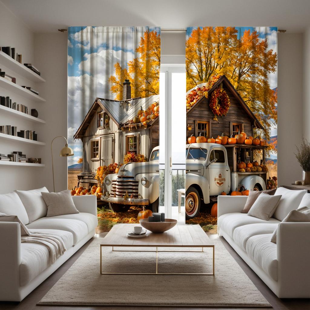 2 Stück HD Vintage Herbsternte Hintergrund Kürbis Bus Landhaus dekorativer Vorhang Gelber Bindeband digital bedruckter Vorhang Heimde