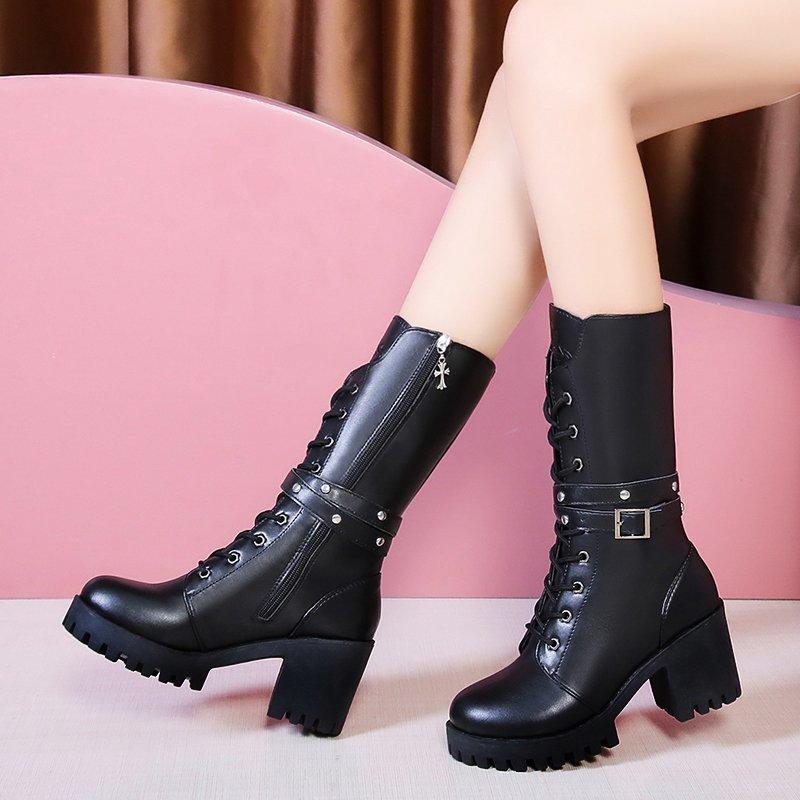 Winter New Solid Color Thick Sole Increase Buckle Design Model Boots Round Head Square Heel Non-slip Women's Mid-calf Boots