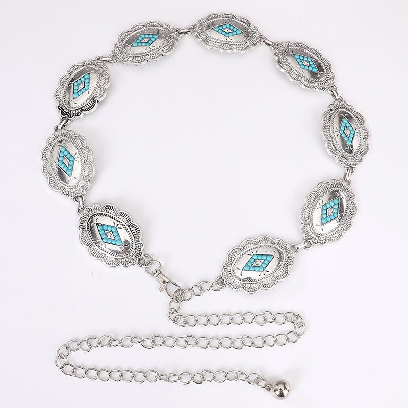 High-end Women's Waist Chain Inlaid with Old Retro Boho Waist Chain Turquoise Metal Waist Chain