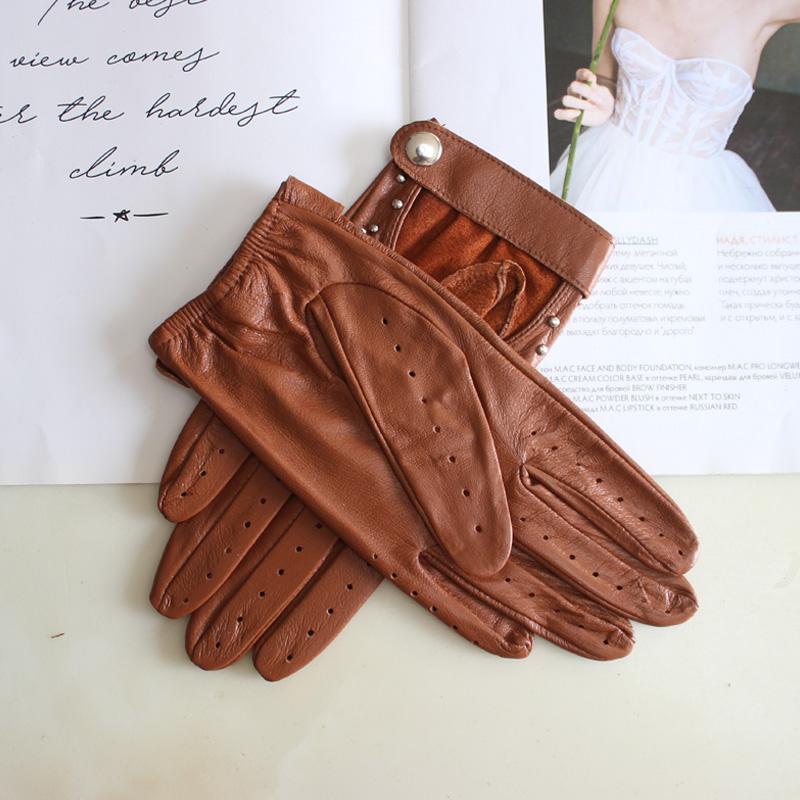 New Women's Sheepskin Gloves Thin Unlined Rivet Style Colored Driving Leather Gloves