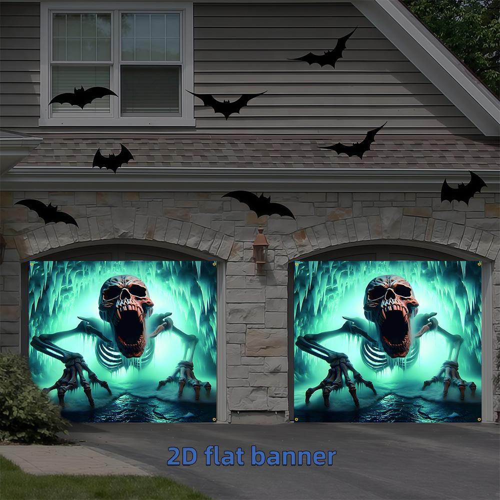 2D flat, 2D door banner, 2D flat banner, 1pc Happy Halloween garage door banner with skull opening and stretched hand skull