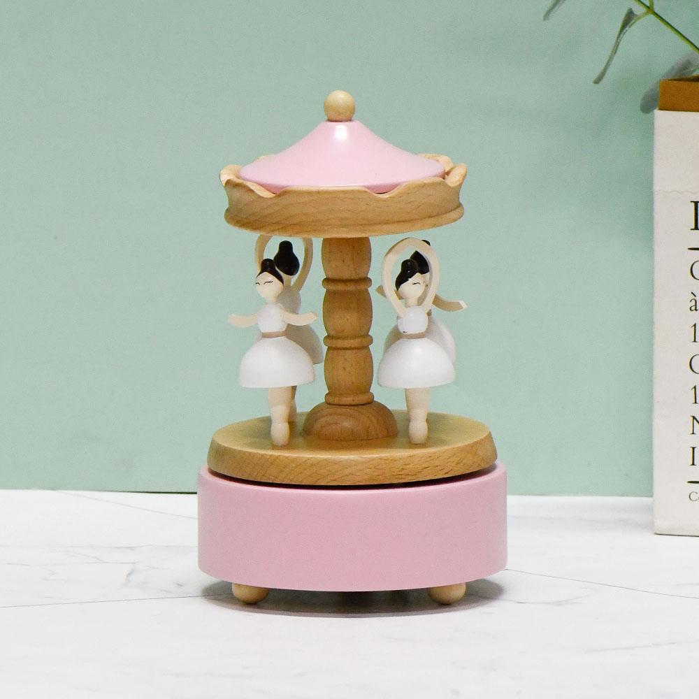 Beech Wood Spring Mechanism Rotating Carousel Style Pink Ballerina Music Boxes
