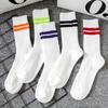 Fall/Winter Men's Double-Stitch Thick Stripes Mid-Calf Socks Men's Trend White Double Stripes Long-Sleeved Cotton Men's Socks