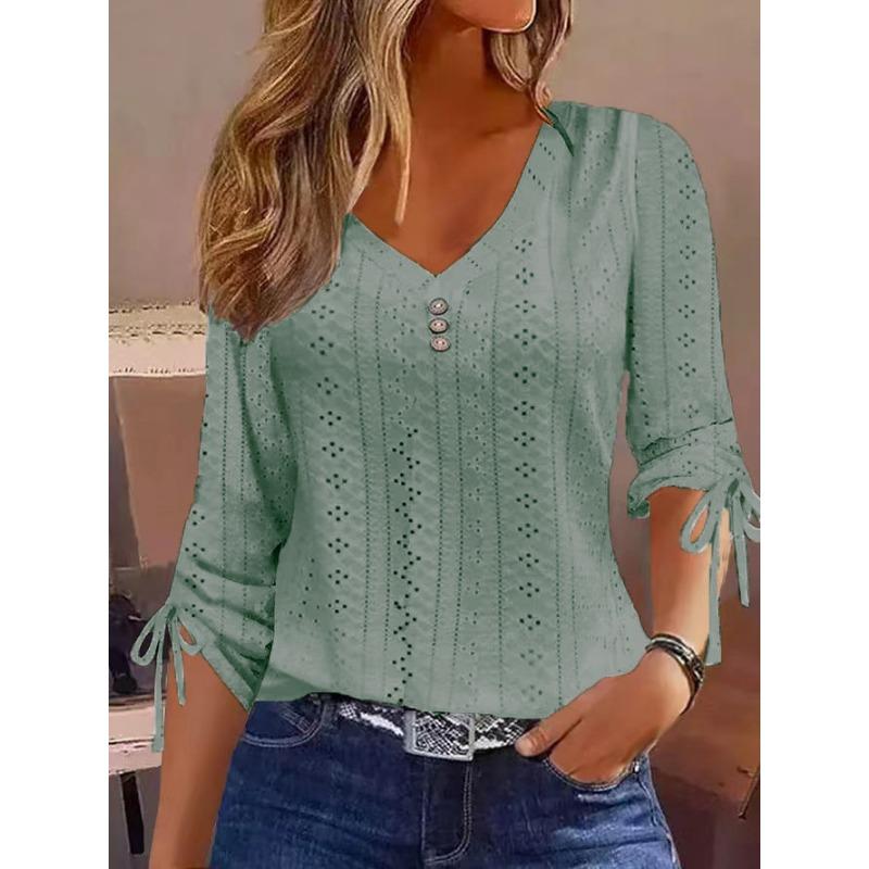 

2025 Модная жаккардовая элегантная женская блузка с V-образным вырезом, свободная однотонная повседневная футболка с пуговицами, простая ажурная офисная женская верхняя одежда 3XL зелёный