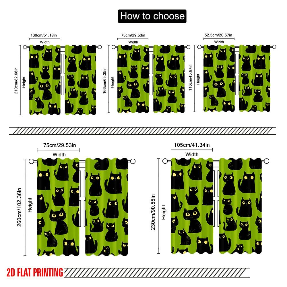 2pcs,2D Plane Printing Curtain Popular Black Cats On Green Durable 100% Polyester Fabric (without Rod) Decorations Inside for