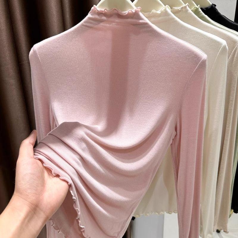 

Spring and Autumn New Half-high Collar Fungus Thin Super Elastic Base Fashion Solid Color Long-sleeved Top S рожевий