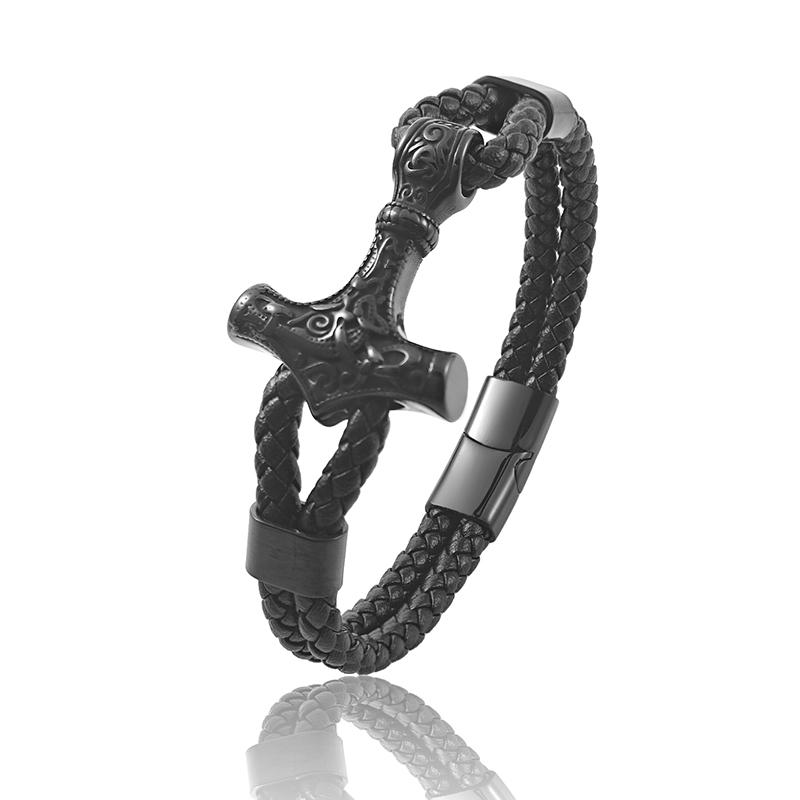 

Two-layer Stainless Steel Thor s Hammer Men s Leather Bracelet 2 Color Hand-woven DIY Size Daily Wear Charm Gift Dropshipping 20.5cm чёрный