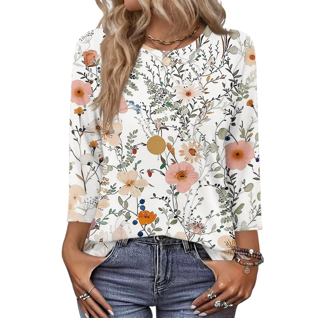 343/4 Sleeve Shirts For Women Cute Print Graphic Tees Blouses Casual Plus Size Basic Tops Pullover