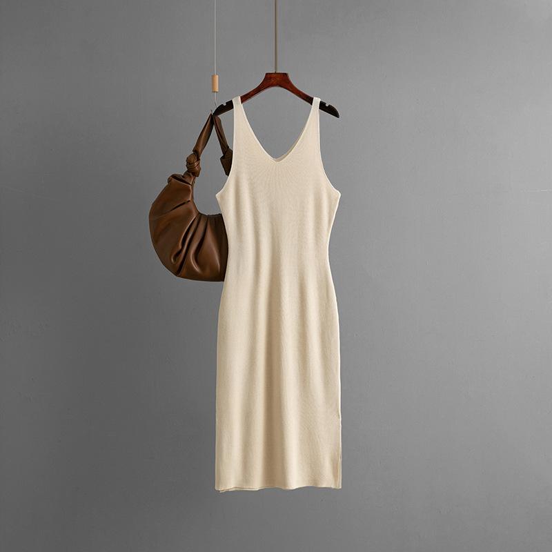 Sommer Dünnes Neckholder Kleid, V-Ausschnitt Ärmelloses Westenkleid, Saumschlitz Basis Strickkleid für Damen