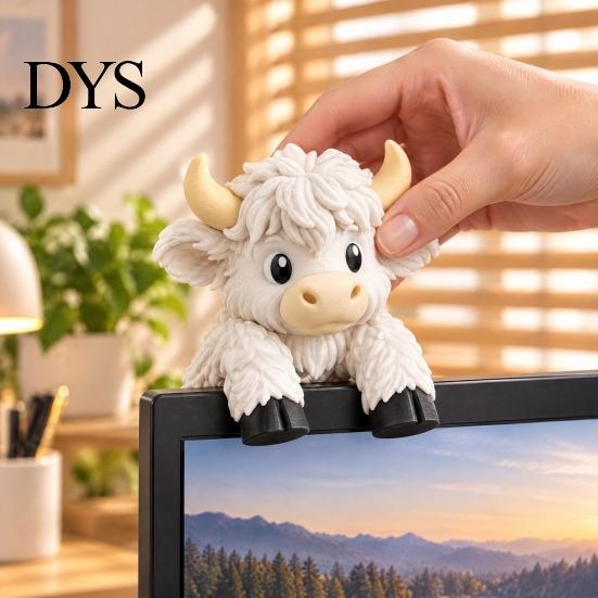 Creative Home Office Ornaments Cute Highland Cow Monitor Figurine, 3D Printed Animal Sitting on Small Topper Figurine Computer Screen Edge Ornament,