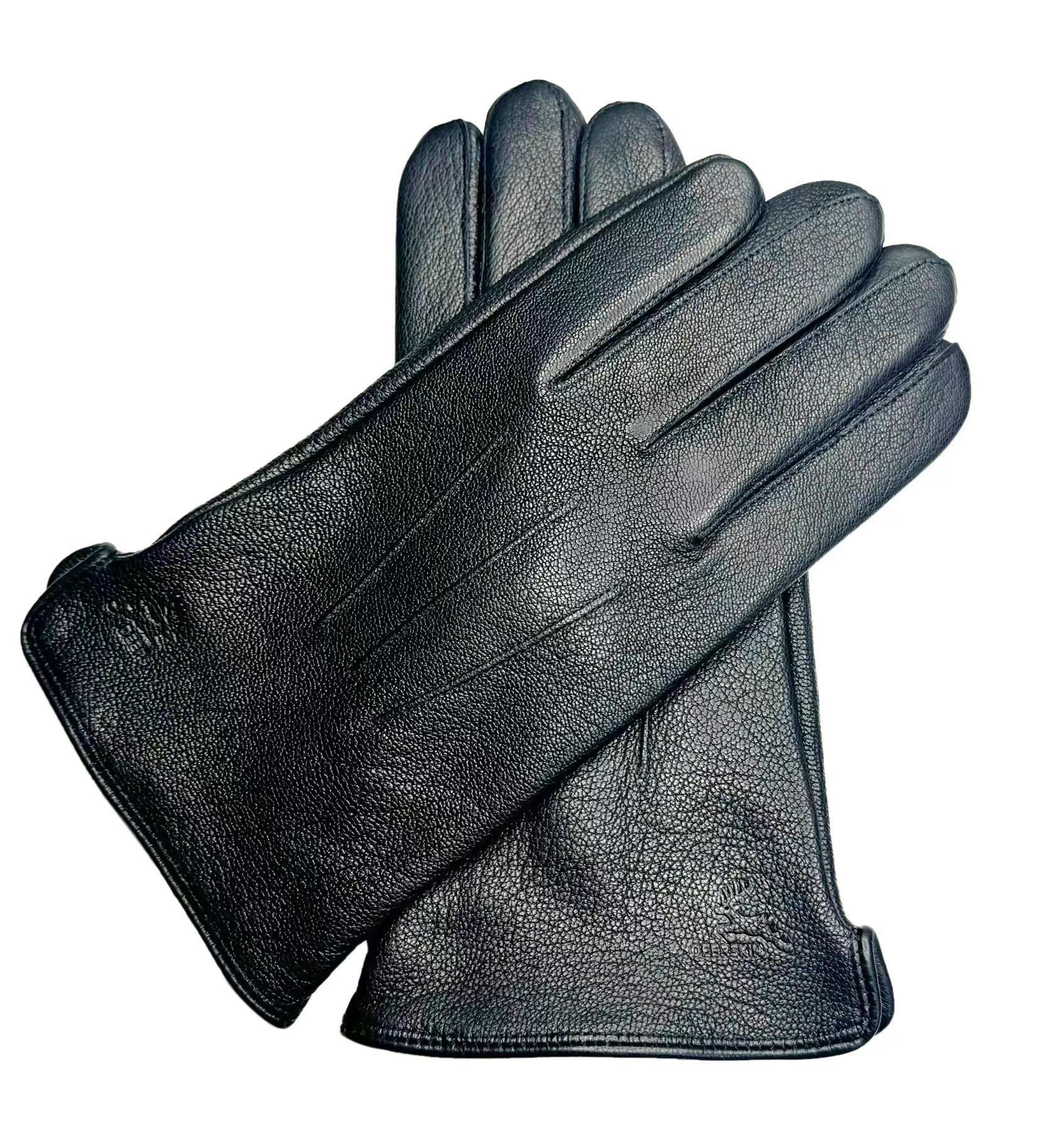 Men s Faux Deer Skin Wool-Lined Goatskin Leather Gloves - Outdoor Velvet-Lined Autumn/Winter Warm Gloves M/9.5