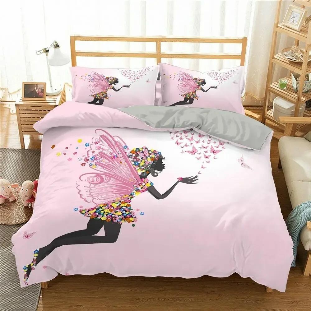 Romantic Style Duvet Cover Fairy Girl with Wings Pattern Bedding Set Women Couple Flying Butterflies Polyester Comforter Cover