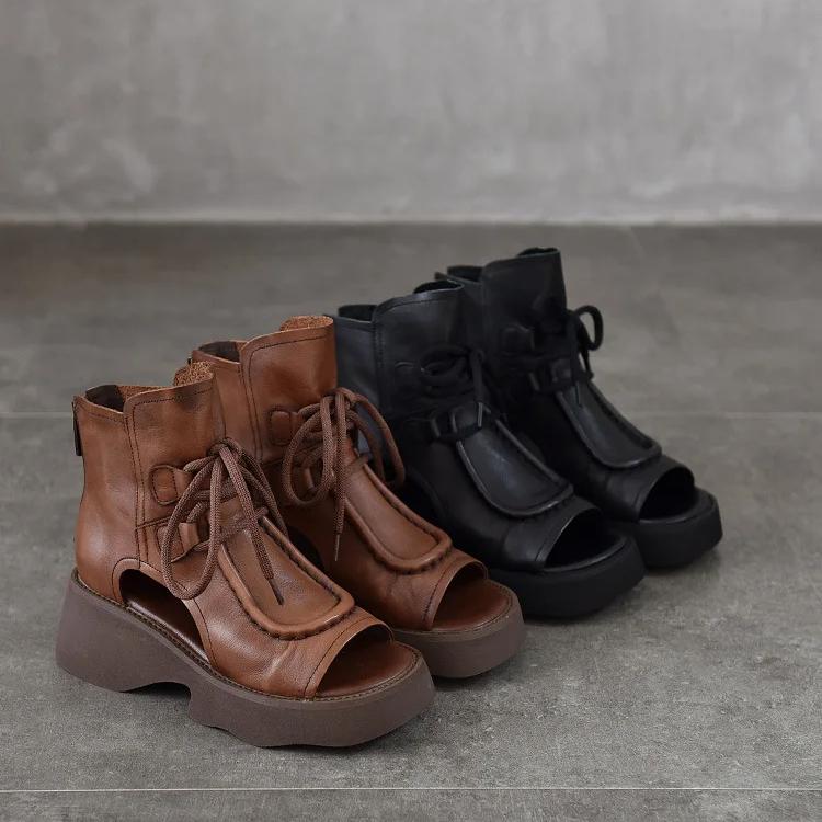 Johnature Genuine Leather Women's Shoes Roman Sandals Vintage Back Zipper Peep Toe Thick Soled Summer Boots