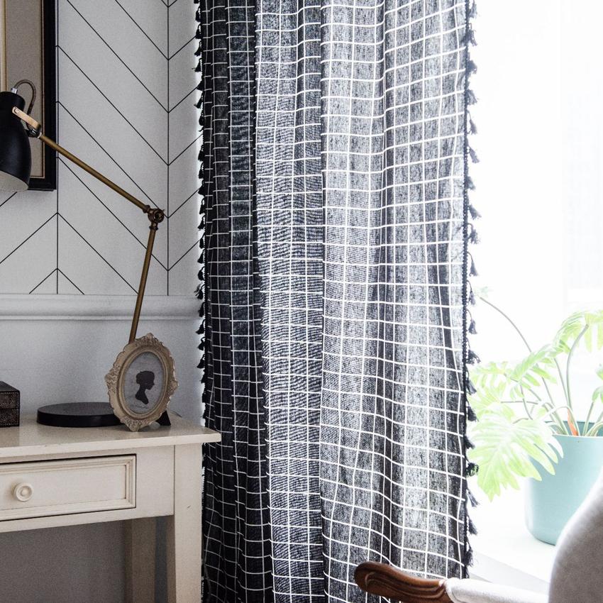 Black Plaid Blackout Curtain High Quality Simple Modern Homg Living Room Cotton Linen Bay Window Cover with Tassel Hooks
