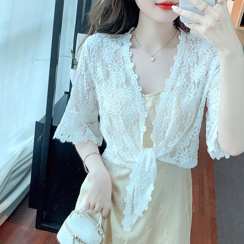 Women's Summer Lace Chiffon Shawl Cardigan - Lightweight Mid-Sleeve Top for Sun Protection