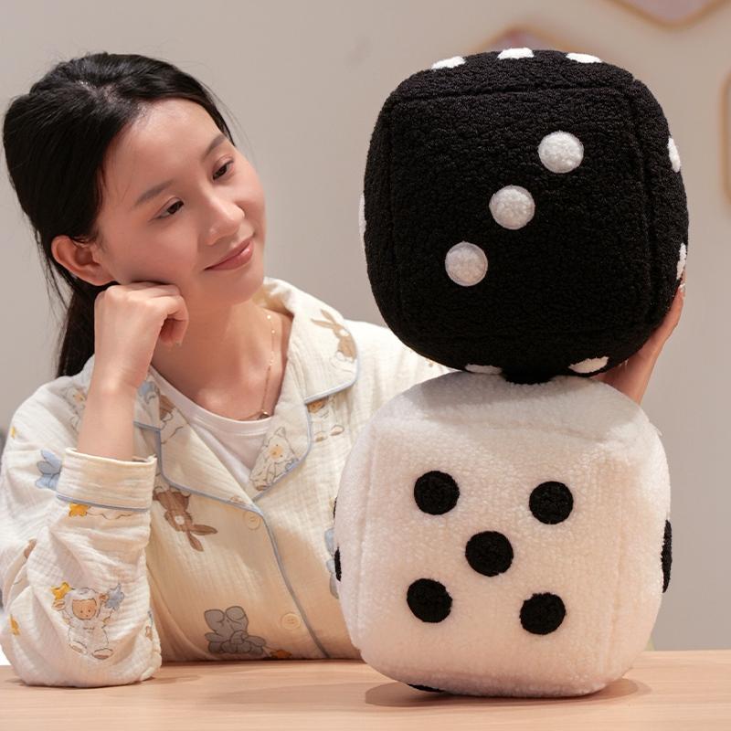25cm Entertaining Dice Pillow Soft Stuffed Plush Toy Black White Dice Rolling Game Props Compare Sizes Funny Present Ideal For Party Entertainment