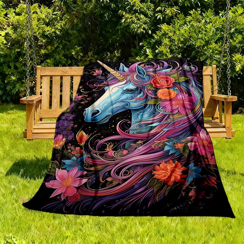 1pc Unicorn Flowers Flannel Blanket, Comfortable and Warm Blanket, for Camping Sofa Bed and Couch Office006