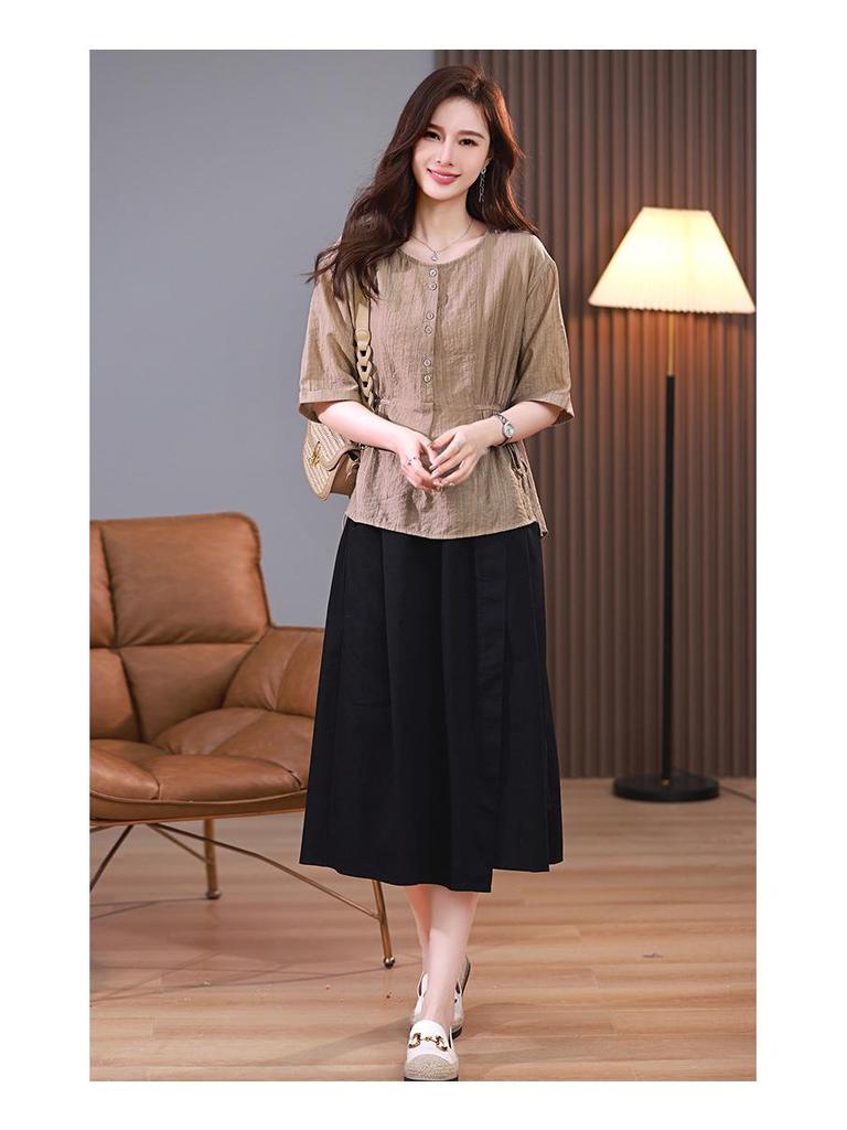 2025 Summer Fashion Tencel Two-Piece Set: Age-Reducing Mom Casual Blouse & Loose Midi Skirt