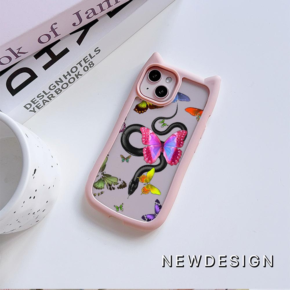 Soft Cat Ear Phone Cases for iPhone 16 15 13 12 11 Pro Max 14 Plus XR TPU Anti-Drop Transparent Acrylic Back Cover N77 Butterfly Black Gold Snake