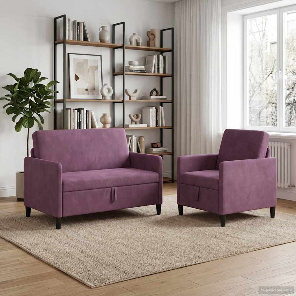 Storage Sofa Set 2 Pcs Purple Polyester