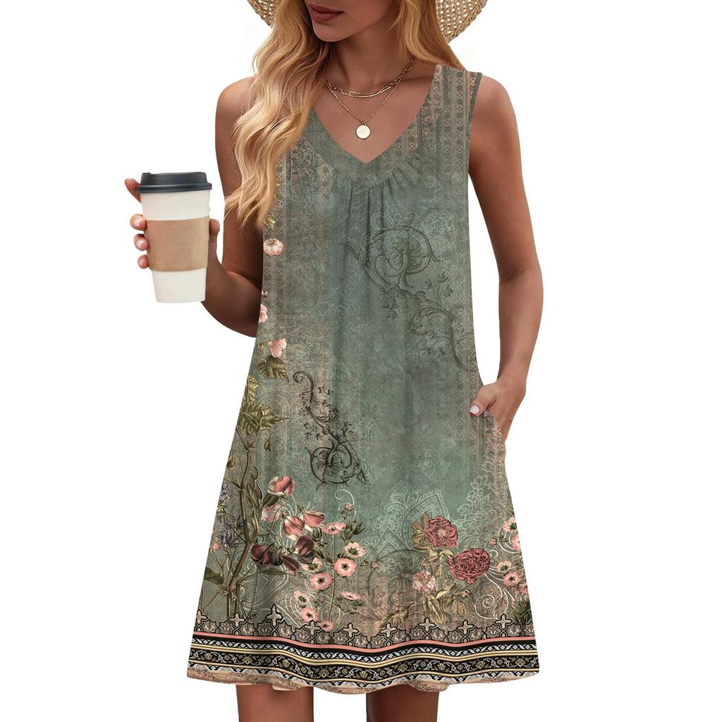 Women's Fashion Printed Summer Sleeveless V-neck Tank Top Pocket Casual Loose Dress