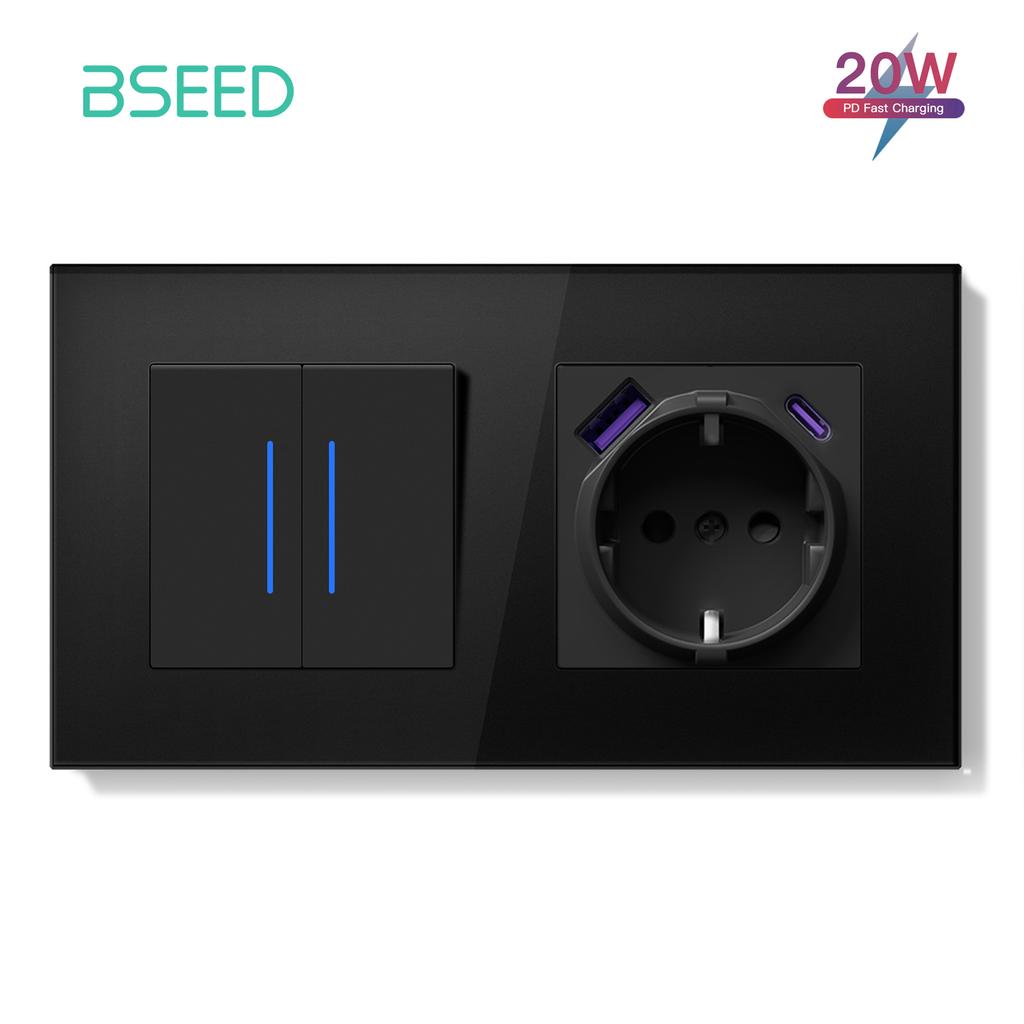 BSEED 1/2Gang Wall Light Switch Mechanical Double Button Switch 1Way With LED EU Sockets USB 20W Type-c Power Ports Glass Panels