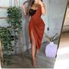 Women's Sexy One Shoulder Sequin Patchwork Satin Midi Dress Ruched Waist High Thigh Slit Bodycon Evening Cocktail Party Formal Gown