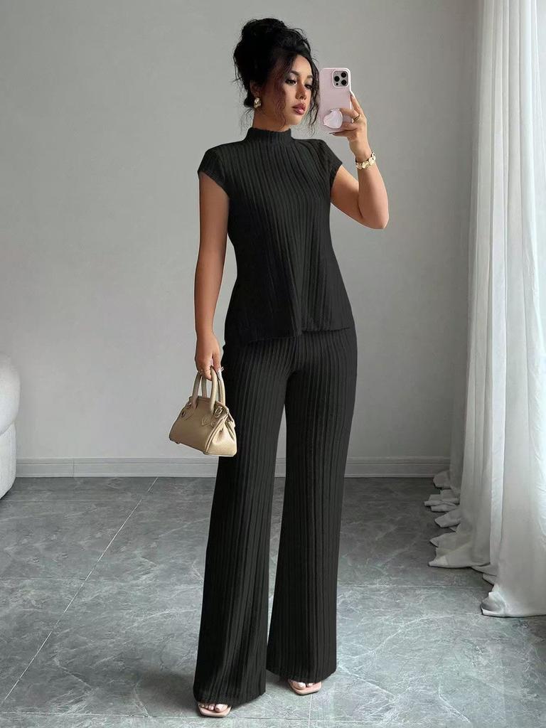 New Women's Casual Solid Color Short Sleeve T-Shirt Set with Track Pants