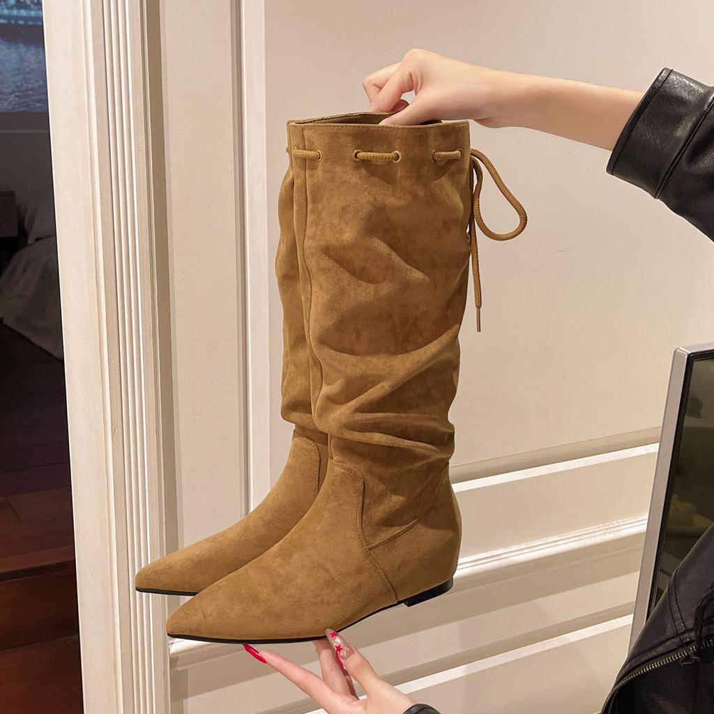 But knee tip inner height increase boots women's 2025 autumn and winter stacking boots lace-up suede versatile medium tube fashion boots