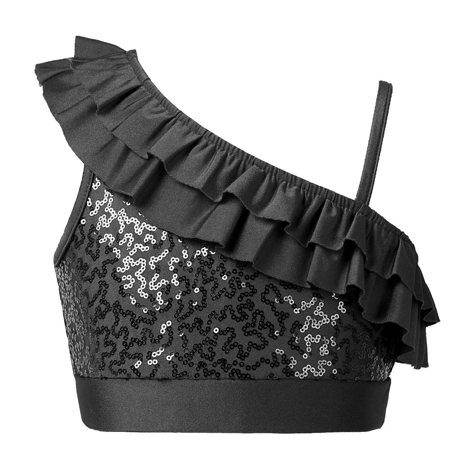 

Укороченный топ с асимметричными плечами и пайетками для девочек, с оборками и эластичной резинкой, танцевальный наряд для выступлений 5-6 Years чёрный