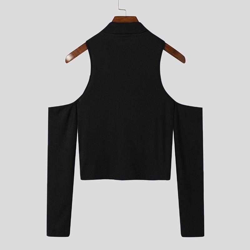Fashion Men T Shirt Turtleneck Long Sleeve Off Shoulder Streetwear Solid Camisetas Hollow Out Casual Sexy Crop Tops